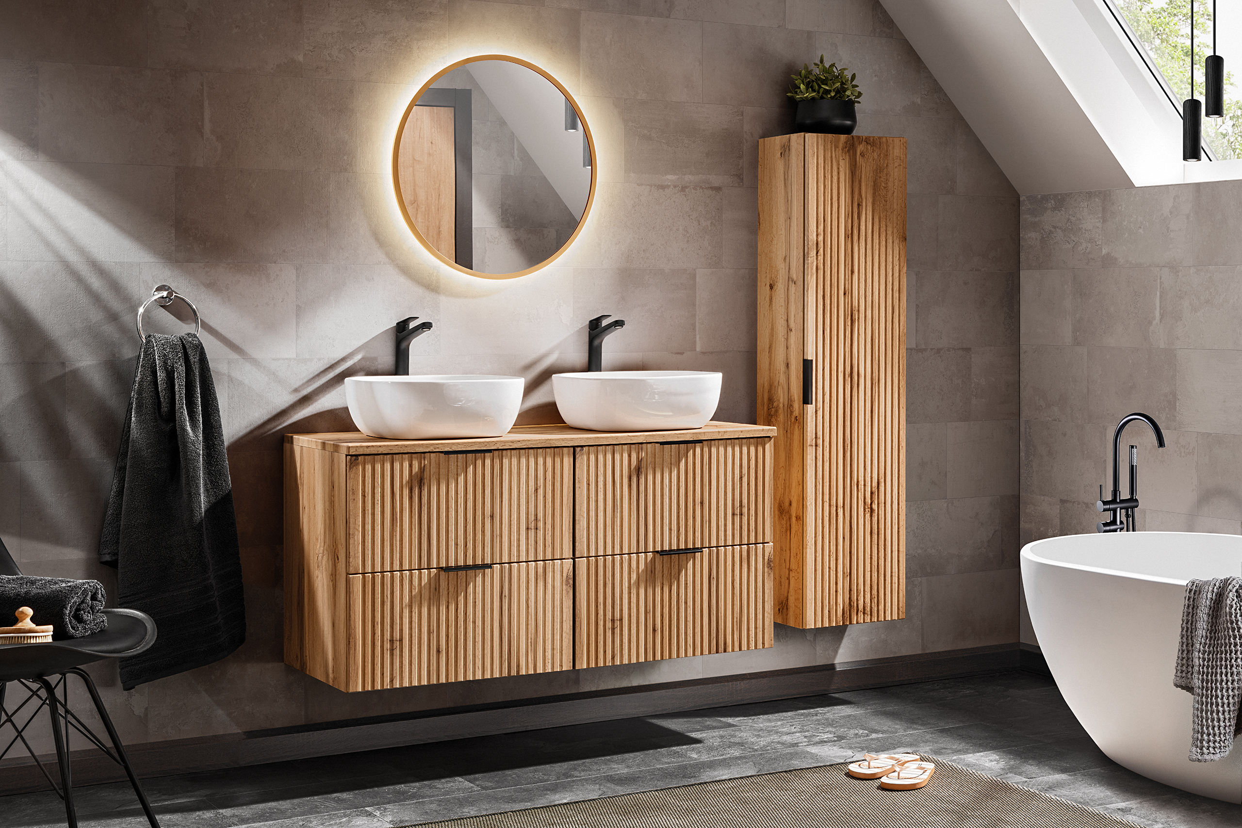 zestaw mebli łazienkowych dąb wotan 120 cm z lustrem LED