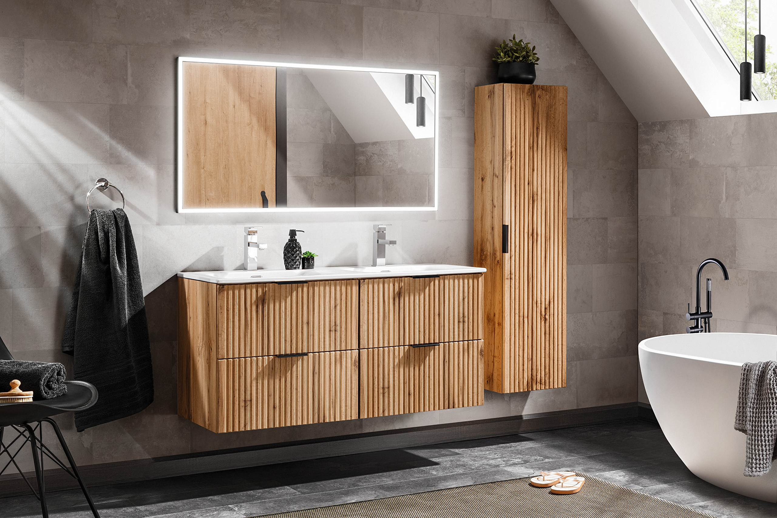 zestaw łazienkowy 120 cm dąb wotan z lustrem LED